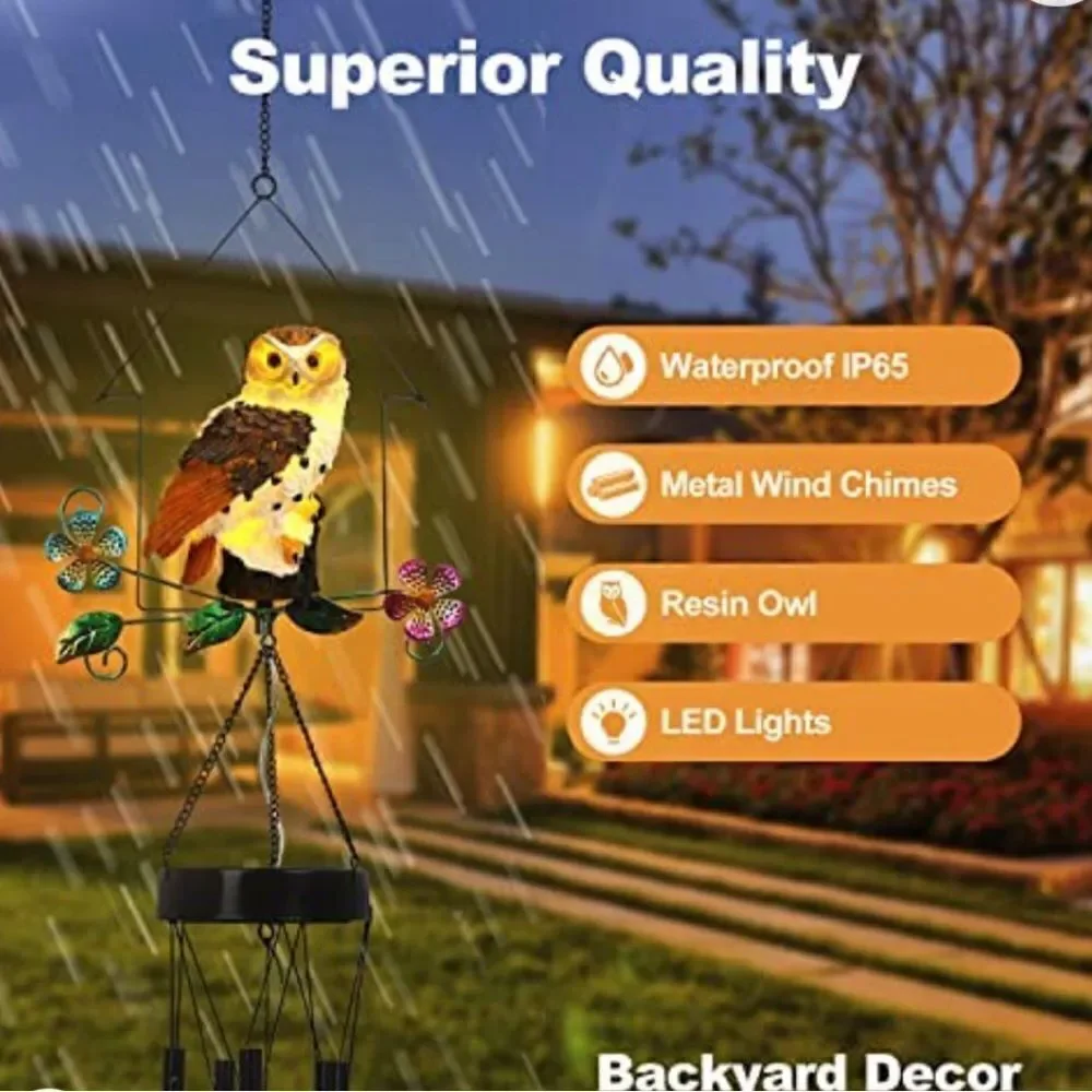 Solar OWL Wind-chimes. Outdoor decor solar powered lights up at night.
